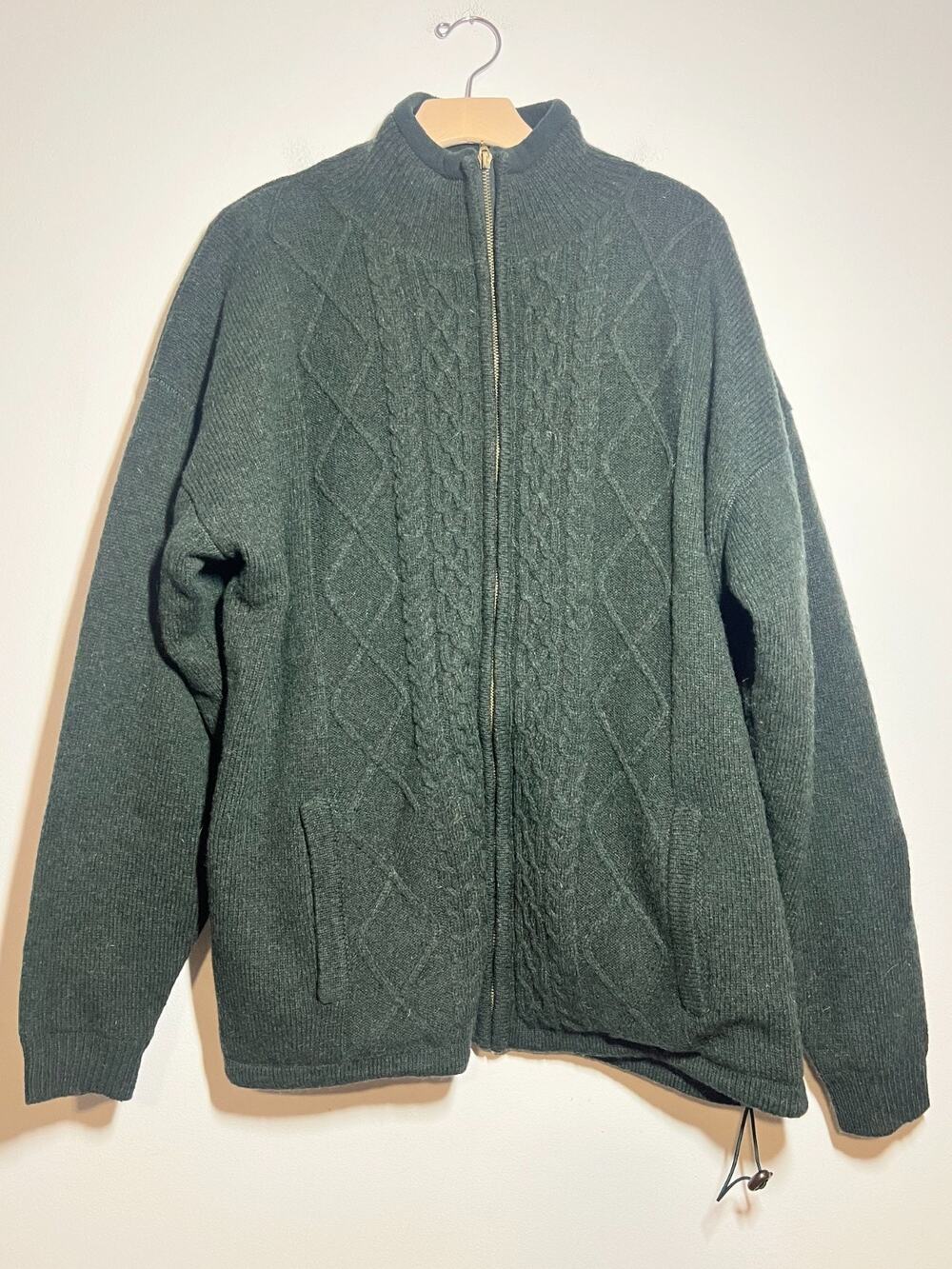 Carraig donn Men's EUC 100% Wool Green Cable Knit Full Zip Sweater Jacket XXL